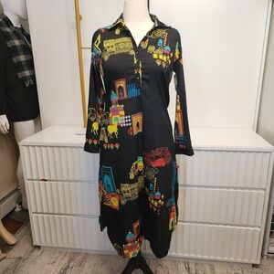 W India Architectural Graphic Print Black Collared Midi Dress 3/4 Sleeve Size 10